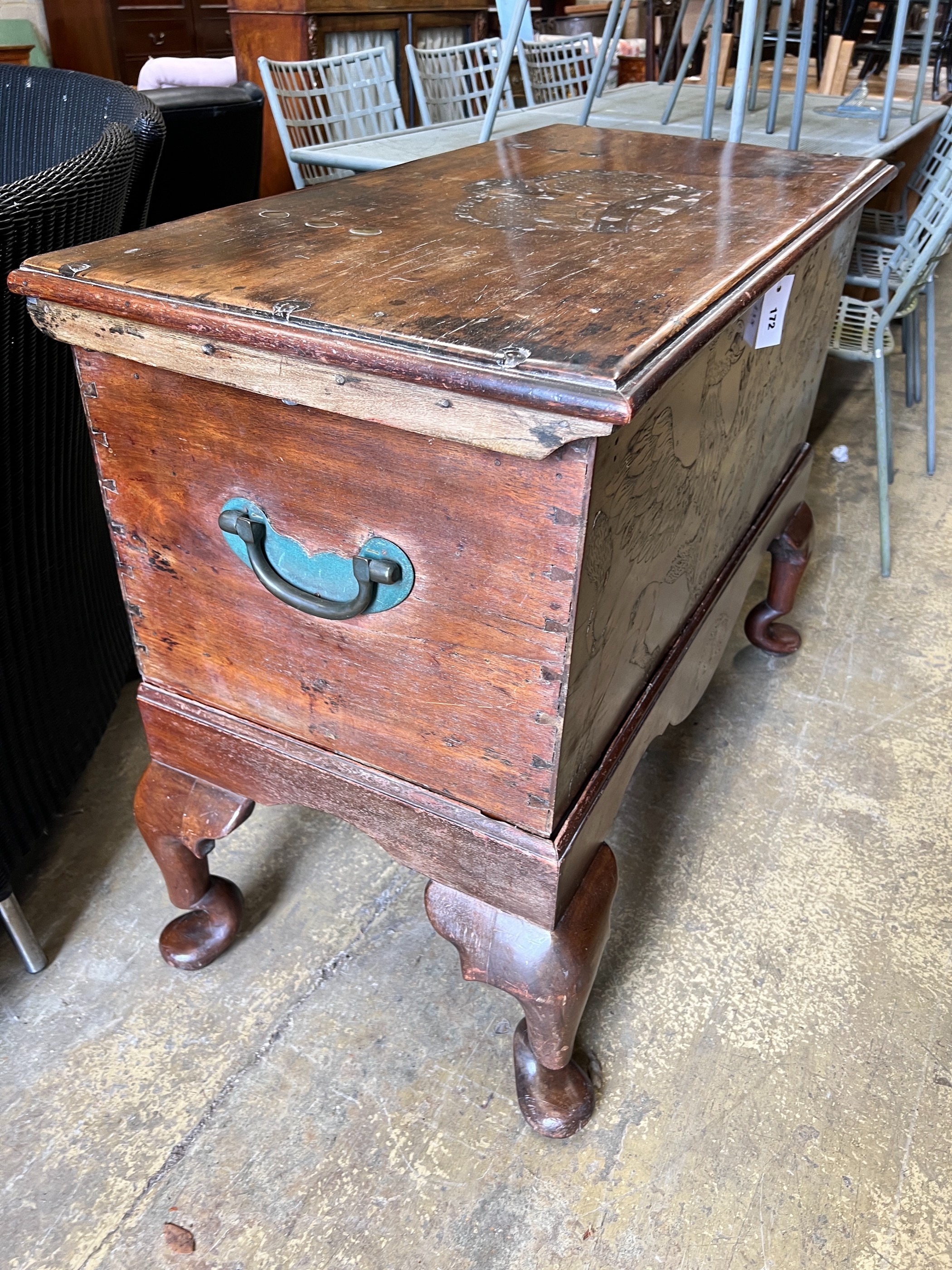 An 18th century and later inlaid walnut coffer on stand, length 112cm, depth 53cm, height 84cm